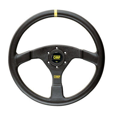 OMP smooth leather steering wheel with yellow stitching and stripe